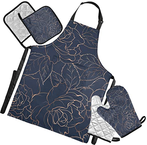 Copper-gold Shiny Outline Rose Peony Flowers Leaves on Dark Navy Blue 5 Pcs Set Cooking Apron Heat Insulated Oven Mitts with Pot Holder Pad, Kitchen Oven Gloves Protectors Mat for Grilling Baking