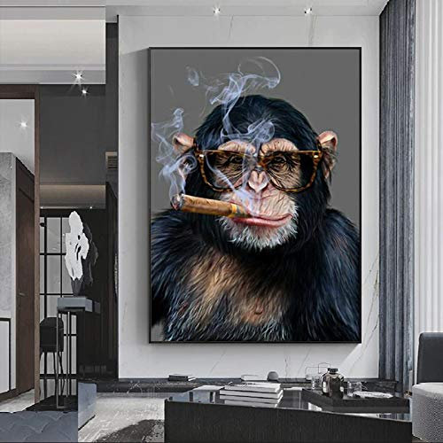 Schimpanse Rauchen Zigarre Kunst Leinwand Malerei Affe Tier Wandkunst Bild für Wohnzimmer Moderne Poster und Drucke Dekor 80x110cm (31x43in) Ungerahmt