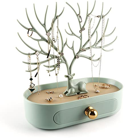 MORE&LESS Aluminiumlegierung Griff Geweih Schmuck Display-Rack Baum Turm hängenden Ring Ohrringe Halskette Armband Aufbewahrungsrahmen Geweih Baum Rack mit Aufbewahrungsschublade und Tablett