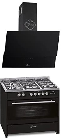 GURARI Gas Elektro Standherd GCH E 911 BL+GCH 268 BL 9 Prime 90 cm/Range Coocker / 121L / 8 Funktionen/Erd-/Propangas + Dunstabzugshaube 90cm/ Schwarz Glas/Saugstark 1000m³/h