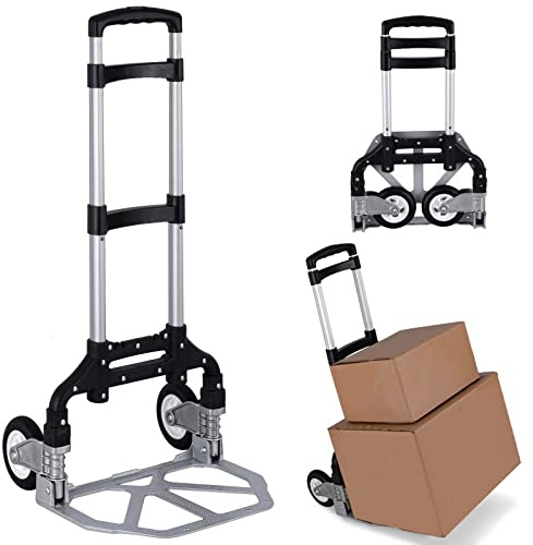 Folding Hand Truck Portable Foldable Dolly Cart Aluminum Luggage Cart Trolley Cart Black MAX Load 180 lbs, with Black Bungee Cord, Telescoping Handle,Solid Aluminium Wheel suspensions, Double Bearings