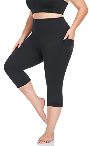 MOREFEEL Plus Size Capri Yoga Pants for Women with Pockets-Stretchy X-4XL Tummy Control High Waist Workout Black Leggings