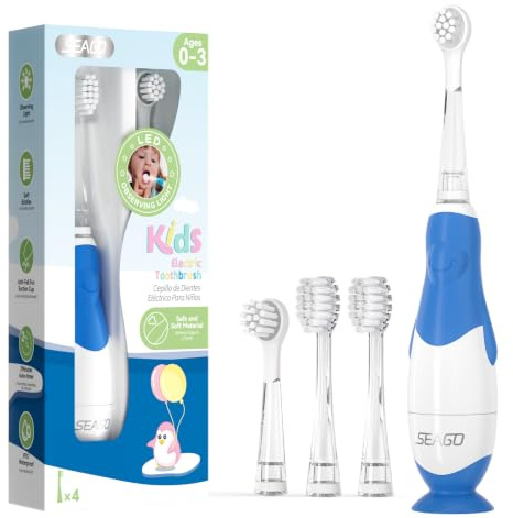 Seago Baby Electric Toothbrush, Children's Power Toothbrushes with 4 Brush Heads and Led Light, 2-Min Timer for Children Aged 0-3 Years, Penguin Shape Design SG513 (Navy Blue)