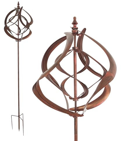 großes Windspiel aus Metall mit gegenläufigen Rotoren, Gartendeko in 3 Höhen aufbaubar, Gartenstecker 213 cm hoch, Windmühle in Kupferoptik, Windskulptur mit Charme