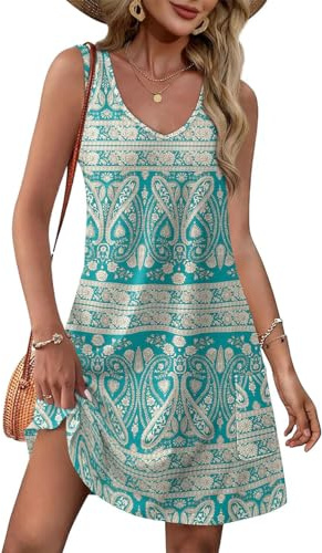 Yeenily Robe Femme Col en V Décontractée sans Manche - Robe de Plage Été Courte Débardeur Chic et Élégant Mini Tunique avec Poches (Couleur 3, L)