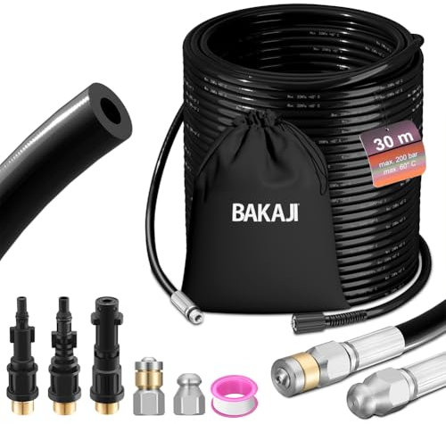 BAKAJI Sonda desatascadora de tubos de alta presión de 200 bar, sistema antitorsión con funda, 3 adaptadores, 2 boquillas fijas y giratorias, compatible con hidrolimpiadora Kärcher K2-K7 Lavor (30
