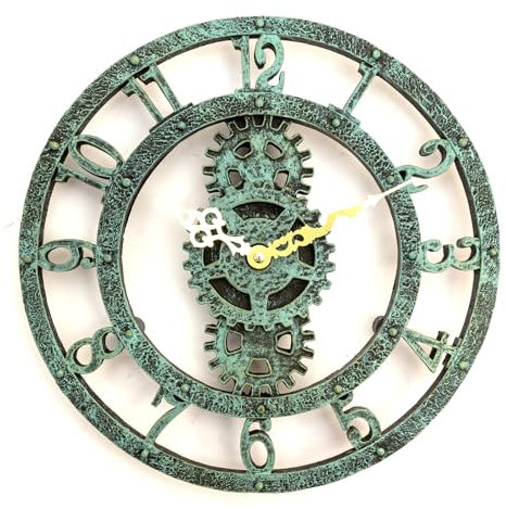 No Nonsense Products Indoor Outdoor Wall Clock Antique Church Station Garden Style 30cm Green Slate Effect Gold Hands Weatherproof Quartz Battery Powered Waterproof