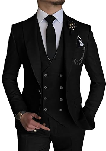 Abito elegante 3 pezzi per Uomo Completo da Ballo di Matrimonio a Doppio Petto 1 Bottone Giacca Gilet Pantaloni Completo Formale, Nero , M