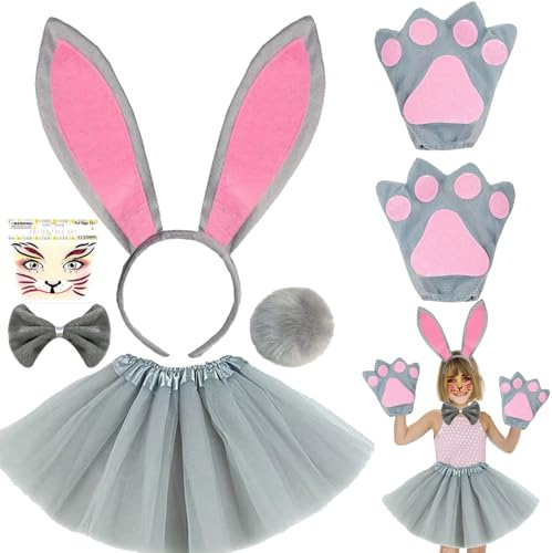LUKIUP Disfraz de conejo sexy para mujer, orejas de conejo de Pascua, juego de accesorios con orejas de conejo, cola, pajarita y tatuaje facial para Pascua, conejo de Pascua, cosplay (rosa gris/juego