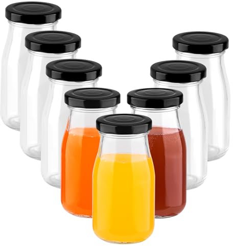 Yzpklhw Glass Shot Bottles with Lids, 8 pack Empty Mini Bottles for Ginger Shots, 150ml Reusable Small Clear Jar for Juice Clear Glass Juice Drinking for Homemade Beverages Picnics (Black lid)