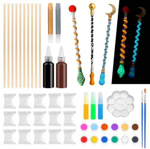AllisWay Baguette Magique en Bois, 38 Pièces Baguette Sorcier Kit, 10 Bâtonnets Magic Wand, Bricolage baguettes Magiques en Bois, baguettes D'halloween, pour les Fêtes D'Halloween et les Jeux de Rôle