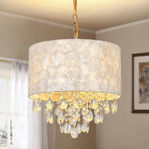 KUNYEEE Lámpara de araña moderna de cristal, lámparas colgantes redondas con conchas de capiz, 4 lámparas colgantes ajustables de estilo costero E14 para vestíbulos, salones y comedores, 40 cm.