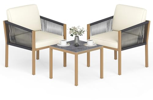 COSTWAY Conjunto Jardin Exterior, Juego de Bistró de Patio de 3 Piezas, Conjunto de Muebles de Conversación de Cuerda Tejida con Cojines, Juego de Mesa Auxiliar y Sillas de Exterior para Porche Balcón