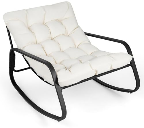 COSTWAY Fauteuil à Bascule Exterieur, Charge 205 kg, Fauteuil de Jardin Papasan en Métal, Coussin Amovible&Épais 13 cm, Base Antidérapante, Rocking Chair pour Salon Balcon, 120 x 91 x 78 cm (Beige)
