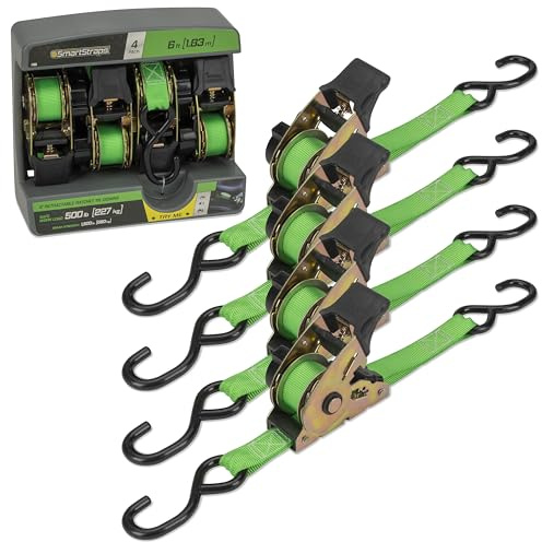 SMARTSTRAPS Retractable Ratchet Tie Down Straps (4 PK) 1,500lb Break Strength, 500lb Safe Work Load, Standard Duty, Secure and Haul ATVs, Lawn Tractors, Cargo, Boxes and Other Small Equipment