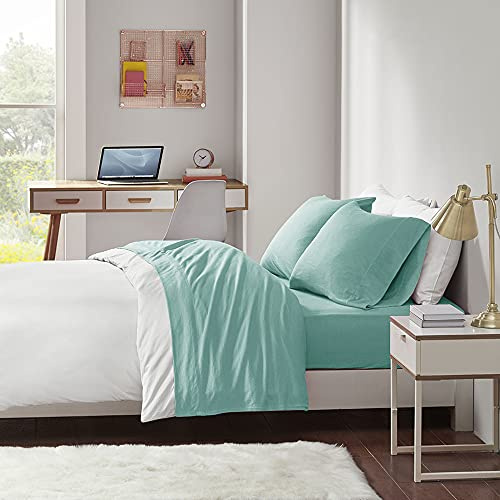 Intelligent Design Bomullsblandning jersey stickat lakanset skrynkelbeständiga, mjuka lakan med 35 cm djup ficka, alla årstider, mysiga sängkläder, matchande örngott, Twin XL, aqua 3 delar