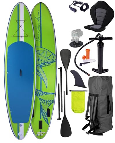BRAST Paddle Gonflable Adulte Paddle Gonflable 320x76x15cm INCL. Sangle de Pied pagaie Pompe Sac à Dos Planche Gonflable Stand up Paddle Gonflable en Vert Shark 320