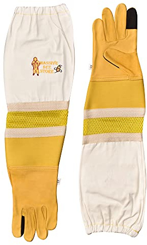 Massive Bee Cowhide Beekeeping Ventilated Cowhide Leather Gloves Yellow Rubber Cuff Then Yellow Mesh with Off white jeans (Medium, TouchScreen Gloves)