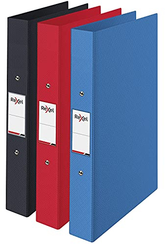 Rexel Choices, A4 Ring Binder, 25 mm Spine, 190 Sheet Capacity, File Folder, Document Organisation, (Black, Red, Blue) Assorted, Pack of 3, 2115710,