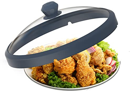 Microwave Glass Cover Splatter Guard Lid with Anti-scald Silicone Handles and Vented Edge for Food Pot Plate Cover 10.5 inch Blue