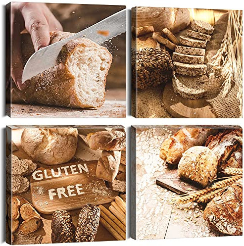 Sungeek 4 Teilig Leinwandbilder mit Holzrahme, Leinwanddruck Bilder 30 x 30 cm, Moderne Wandbilder Kunstdruck Wand Dekoration für Wohnzimmer Schlafzimmer Home Büro Esszimmer (Brote)