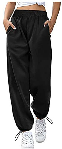 rtdgcv Hose 3/4 Damen Freizeithose für Damen, einfarbig, Sport- und Freizeithose mit weitem Bein und Kordelzug Protektoren Hose Damen (Black, L)