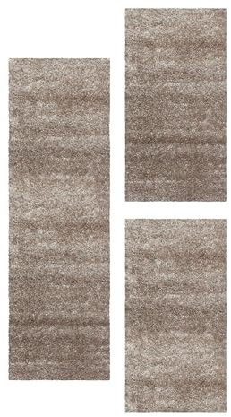 Carpetsale24 Bettumrandung Schlafzimmer 3 teilig Hochflor Teppich Taupe Bettvorleger Schlafzimmer Bettset: 2 St. 60x110 cm | 1 St. 80x150 cm - Einfarbiger 50 mm Flauschiger Teppich Läufer Set