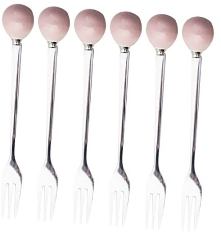 PRETYZOOM 6pcs Mini Stainless Steel Forks Ceramic Handles Cake Dessert Spoons Pink for Home Tableware