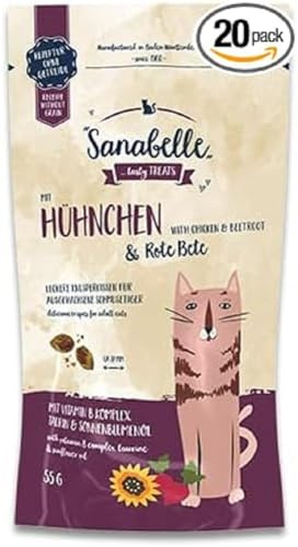 Sanabelle Crispkudde med kyckling och rödbetor, kompletterande foder för vuxna katter, 20 x 55 g