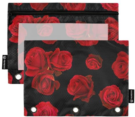 Pencil Pouch for 3 Ring Binder, Rose Red Love Flower Pencil Bag Pencil Case Cosmetic Bag with Zipper Clear Window for Office Travel Cosmetic, 2 Pack