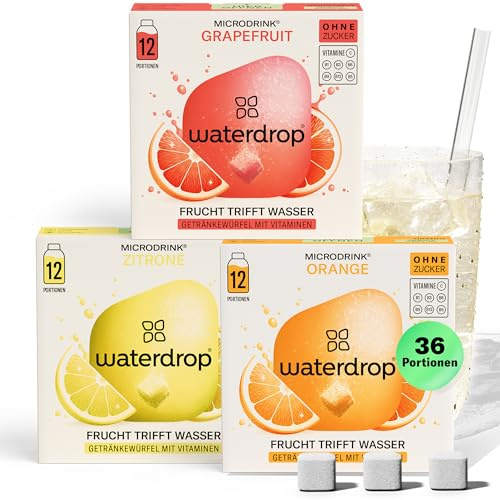 waterdrop® Set Microdrink, ARANCIA, LIMONE e POMPELMO, 36 cubetti effervescenti senza zucchero per aromatizzare l'acqua, Estratti di frutta e piante, Acqua Aromatizzata senza infusione a freddo