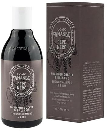 L'AMANDE - Shampoo Doccia e Balsamo Uomo Purificante ed Energizzante con Pepe Nero - Docciaschiuma Gel Detergente e Doccia Shampoo Idratante per Corpo Capelli Viso Barba, Bagnoschiuma Delicato, 250 ml