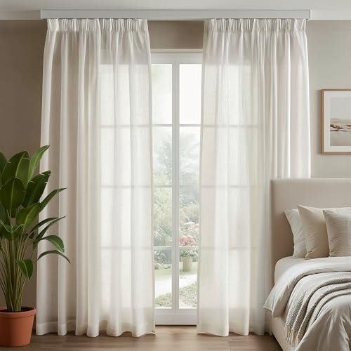 Deconovo Lot de 2 Rideaux Semi-Transparents avec Volants pour Salon Lin Naturel, Voilage Lin 140×245 cm (L×H)
