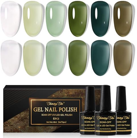 Shining She Esmaltes Semipermanentes de Uñas en Gel UV LED,6 Colores Cristal Jelly Blanco Verde Claro Verde Oscuro Verde Hierba Primavera Pintauñas Semipermanentes para Novato Nail Art DIY,8ML