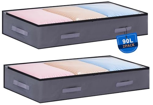 JAECU 2pcs 90L Under Bed Storage Bags, Foldable Clothing Storage Containers with Clear Window, Closet Organizers for Duvet Blanket Clothing, Grey