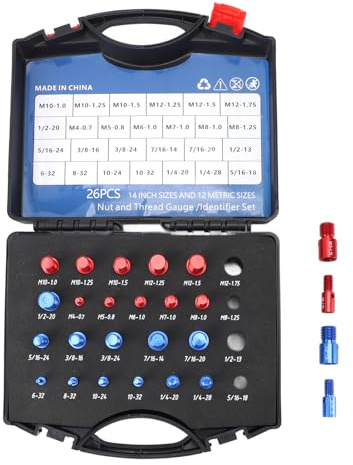 Set di misuratori per filettatura metrica e in pollici da 26 pezzi per dadi e bulloni con custodia per lame in alluminio per aree strette Rosso Blu