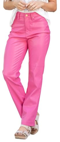 Generisch Leggings de mujer de piel sintética con cintura y pierna recta, brillo vegano, 48, Rosa., M