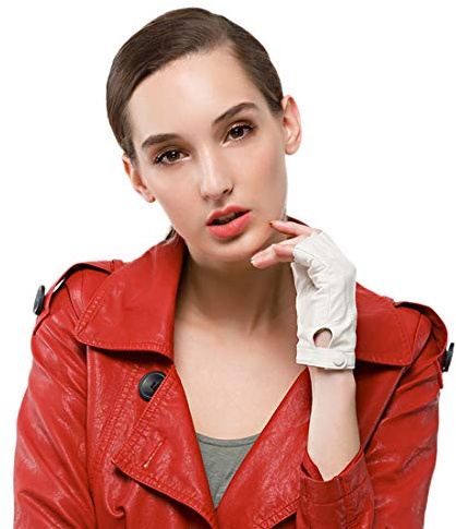 Nappaglo Gants en cuir femme pour conduire Doeskin Demi doights Moto Cycle Gants sans doigts (M (périmètre de la paume:18.4cm), Blanc)
