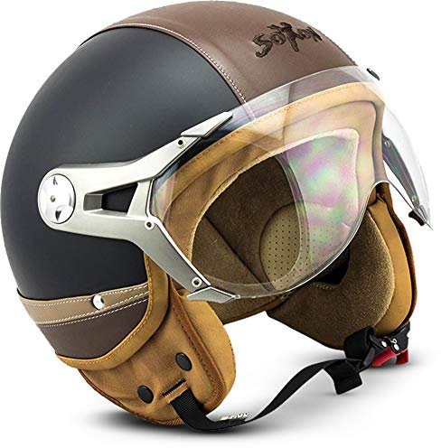 SOXON® SP-325 Urban „Black“ · Jet-Helm · Motorrad-Helm Roller-Helm Scooter-Helm Moped Mofa-Helm Chopper Retro Vespa Vintage · ECE 22.05 Visier Leather-Design Schnellverschluss Tasche XS (53-54cm)
