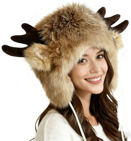 YJZQ Bonnet Cache-Oreilles Chapka Unisexe Forme Andouiller Chapeau Protection Tête Taureau Cagoule Trappeur Chaud Noël Casquette Cerf Jaune 56-59cm