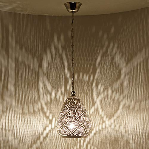 Orientalisk lampa marockansk hängande lampa Saham D18 silver av mässing med E14-sockel | Marocka-konsthantverk | praktfull pendellampa för fantastiska ljuseffekter, som på 1001 natt | EL2200