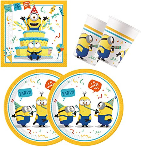 Procos 10137423 – Set de fiesta S Minions: Rise Of Gru, 52 piezas, 16 platos, 16 vasos, 20 servilletas, vajilla desechable, vajilla de fiesta, decoración de mesa