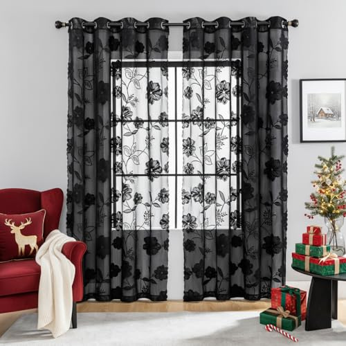 Treatmentex Cortinas Traslúsidas Florales de Encaje de Visillos Sala para Ventana de Dormitorio, Moderno Decorativos Suaves, con 8 Ojales 2 Piezas, Negro,140X245CM