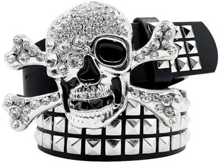 CWCYYDSYY Gürtel mit Totenkopf-Nieten Y2K Punk Hip Hop Gürtel aus Kunstleder mit Ösen für Halloween, Cosplay （Schwarz-Schädel-1, L）