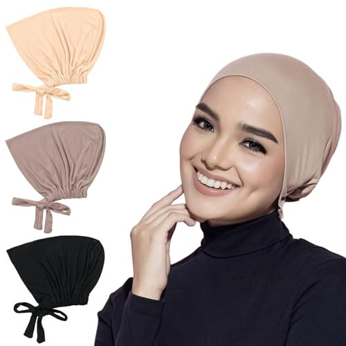 3 Stück Hijab Kopftuch Damen, Undercap, Turban Mütze, Islamische Muslimische Unterschal Mit Tie Back, Elastische Atmungsaktive Kopfbedeckung Chemo Schlafmütze