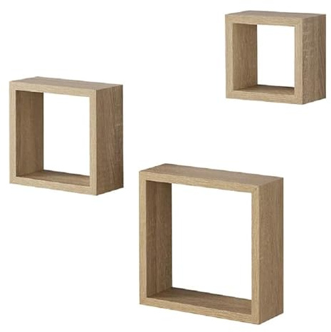 YORKSHIRE HOMEWARE Set Of 3 Retro Design Cali Wall Floating Cube Box | Wall Mounted Display Shelving Unit for Bedroom, Living Room | Large, Medium, Small Wooden Shelf | Floating Shelves (Oak)