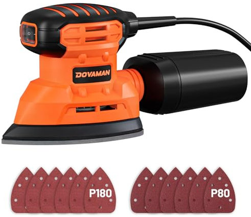 DOVAMAN DLS03A Lijadora Eléctrica de Madera 130W - 12000 RPM Con Colector de Polvo, 12 Piezas de Papel de Lija - Liviana y de Baja Vibración Para Madera y Acero