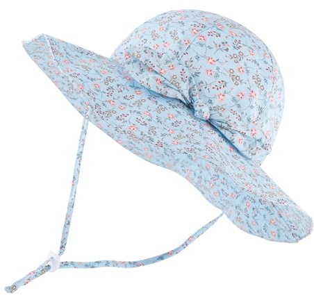 LACOFIA Cappellino Estivo da Sole per Neonata UPF 50+ Cappello da Pescatore per Bambina Berretto Mare con Sottogola Regolabile Fiori Blu Chiaro 6-18 Mesi