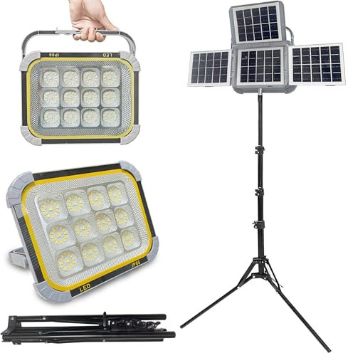 25000 Lumen Kabellose LED Arbeitsleuchte Baustrahler mit Stativ,IP66 Wasserdichte Arbeitsscheinwerfer Baulampe Bauscheinwerfer mit Solarpanel,Flutlicht Baustellenlampe für Werkstatt,Keller,Innen,Außen