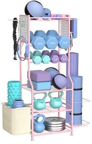 Dumbbell Rack, Home Gym Storage for Dumbbells Kettlebells Yoga Mat & Strength Training Equipments, Weight Rack with Peg Board Organizer, Workout Storage Gym Organizer Gym Equipment Storage (Pink)